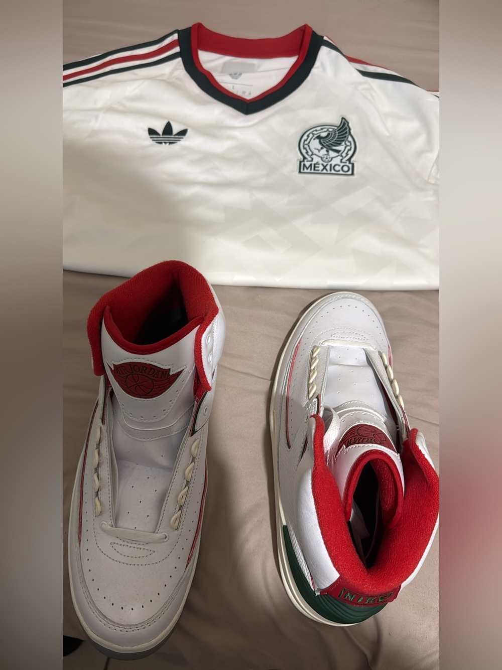 Jordan White and Red Sneakers with Green Accents